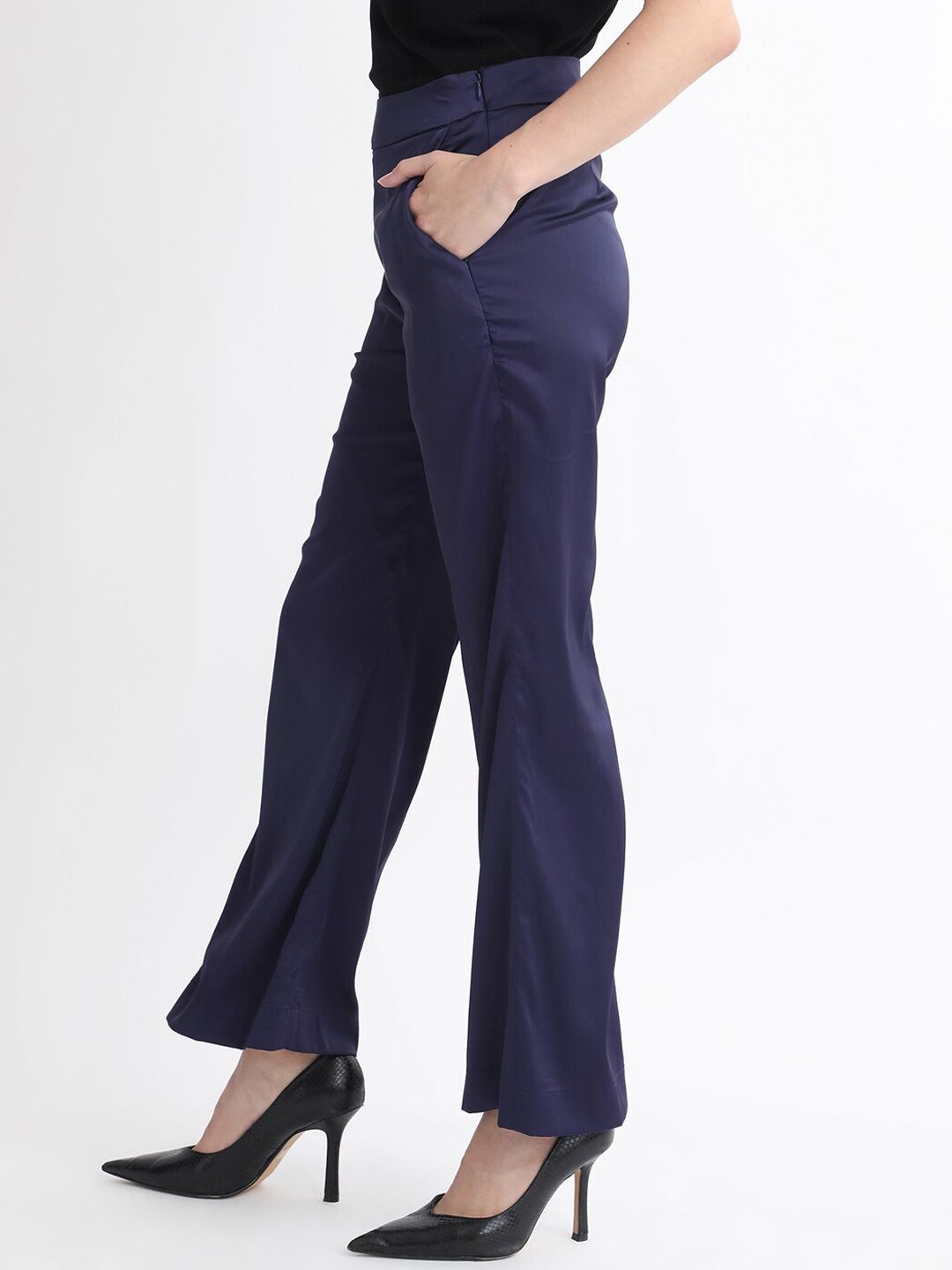 RAREISM Women Slim Fit High-Rise Plain Satin Parallel Trousers