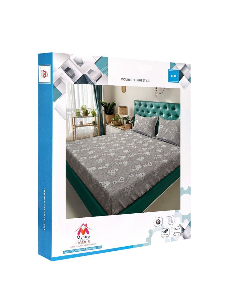 Myntra Elegant Homes Grey Floral Pure Cotton 400 TC King Superfine Bedsheet with 2 Pillow Covers-98 x 89 inches