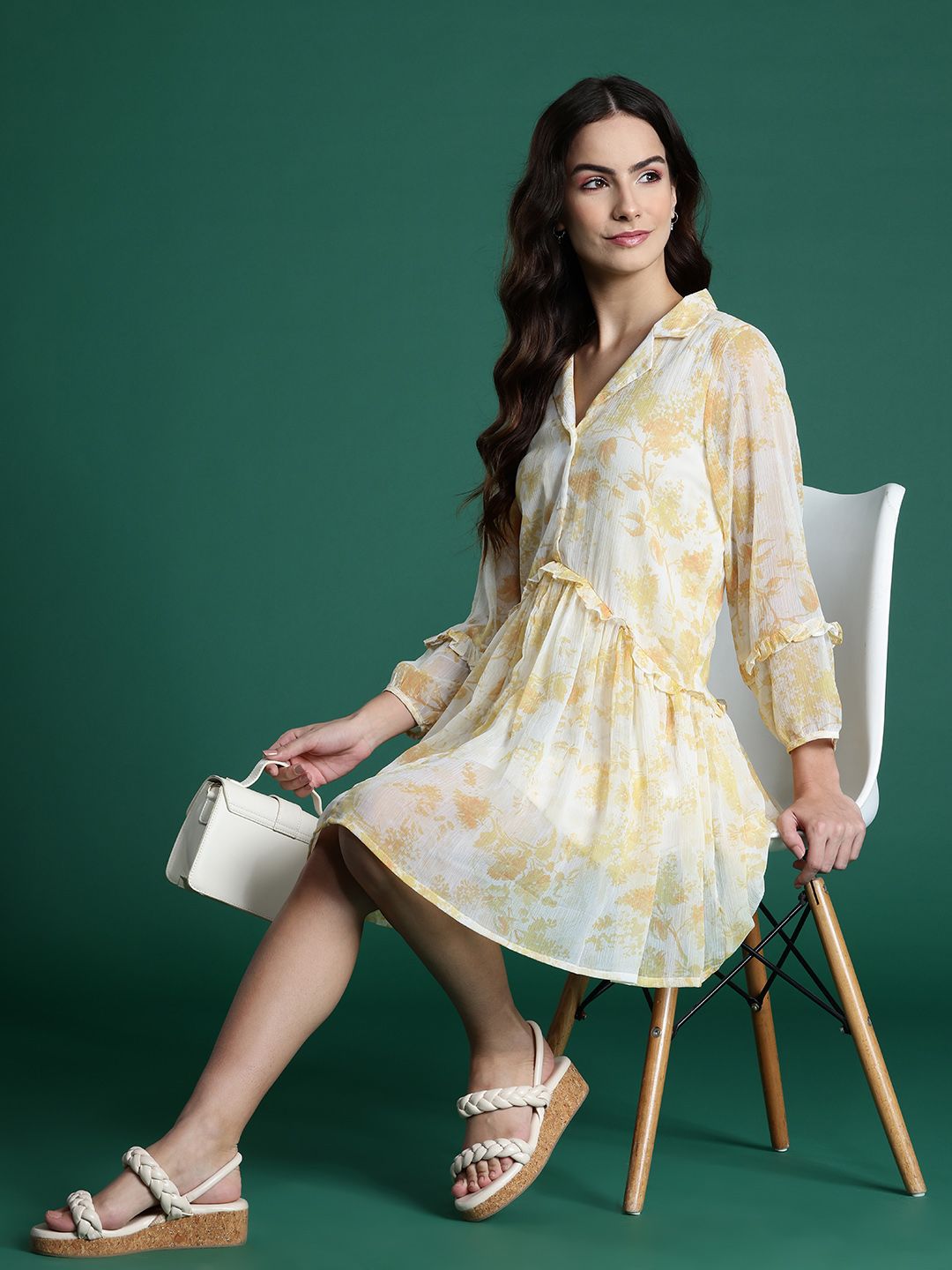 DressBerry Floral Print Puff Sleeve Ruffled A-Line Mini Dress