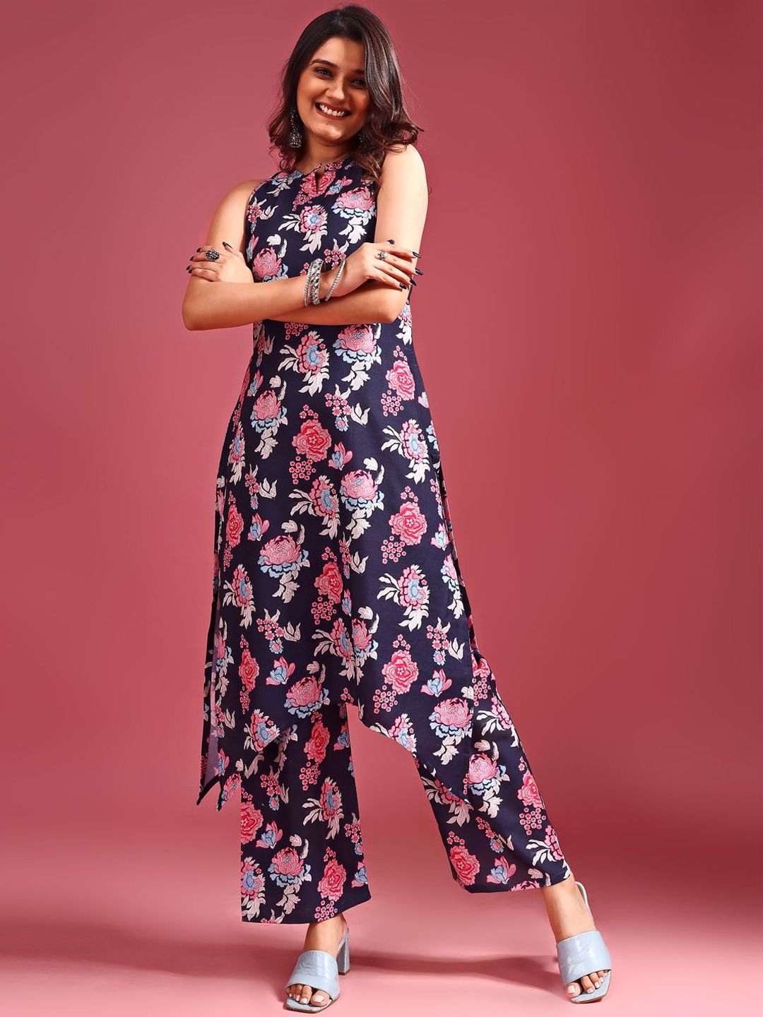 KALINI Floral Printed Sleeveless Tunic With Trousers