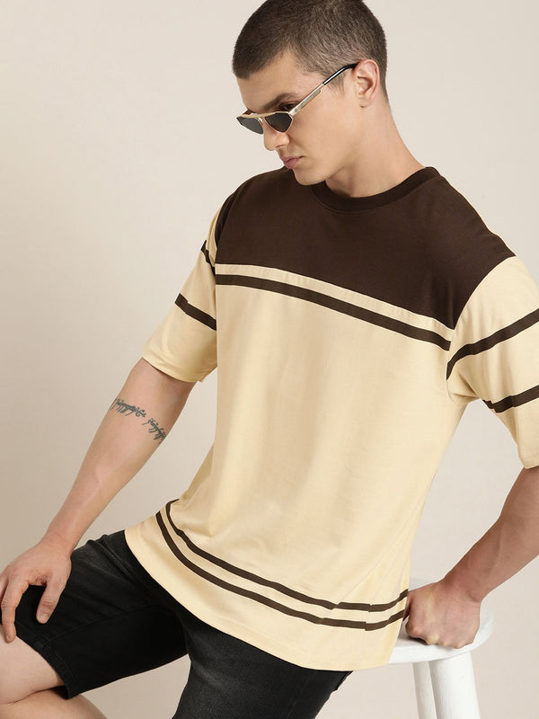 DILLINGER Men Striped Colourblocked Drop-Shoulder Sleeves Oversized Pure Cotton T-shirt