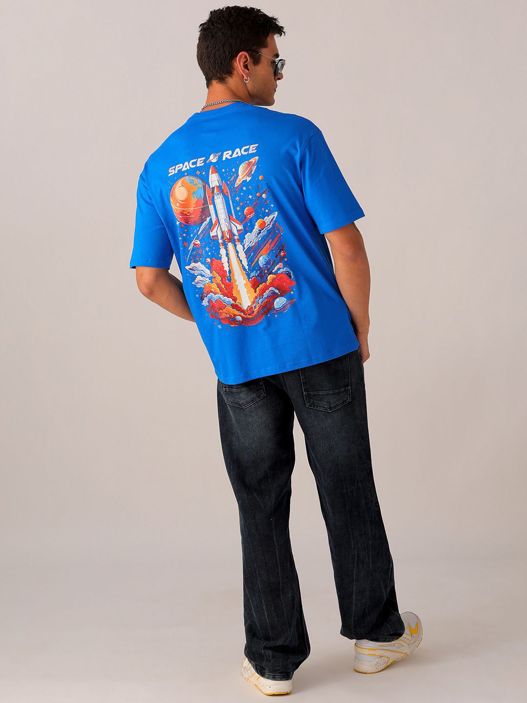 The Indian Garage Co Men Pure Cotton Back Printed Boxy Oversized Round Neck T-shirt