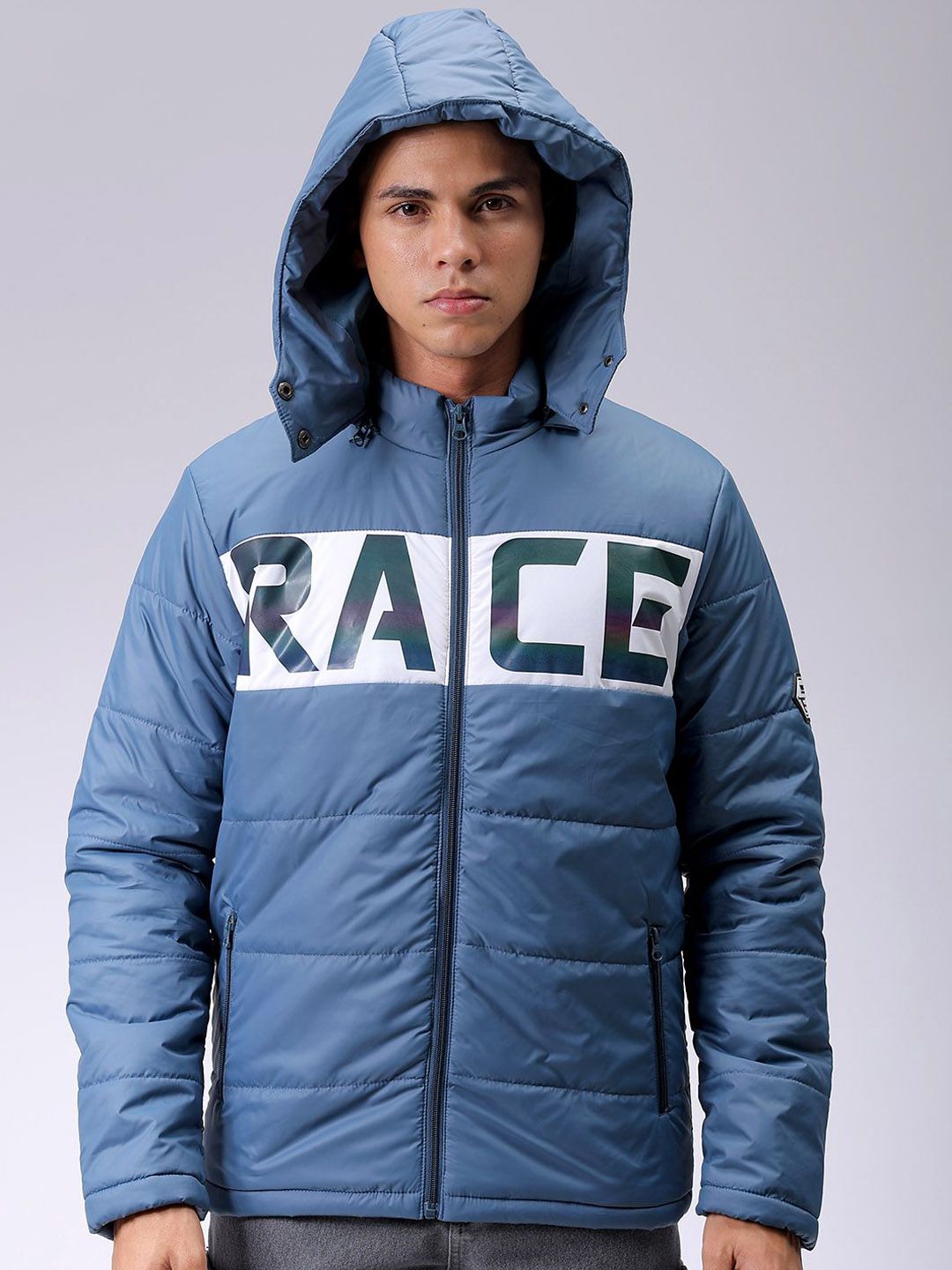 The Indian Garage Co Men Blue Reflective Print Detachable Hood Padded Jacket