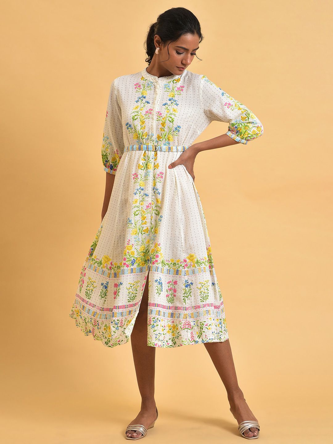 W Plus Size Floral Printed Shirt Style Midi Ethnic Dress