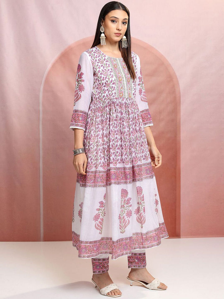 Vishudh White Floral Printed Pure Cotton Anarkali Kurta With Trousers & Dupatta