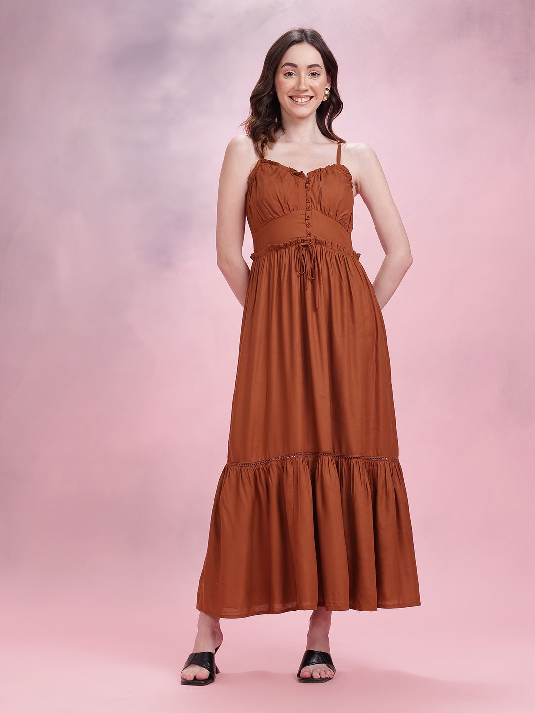 DressBerry Shoulder Straps Ruffle & Tie-Up Detail Midi Empire Dress