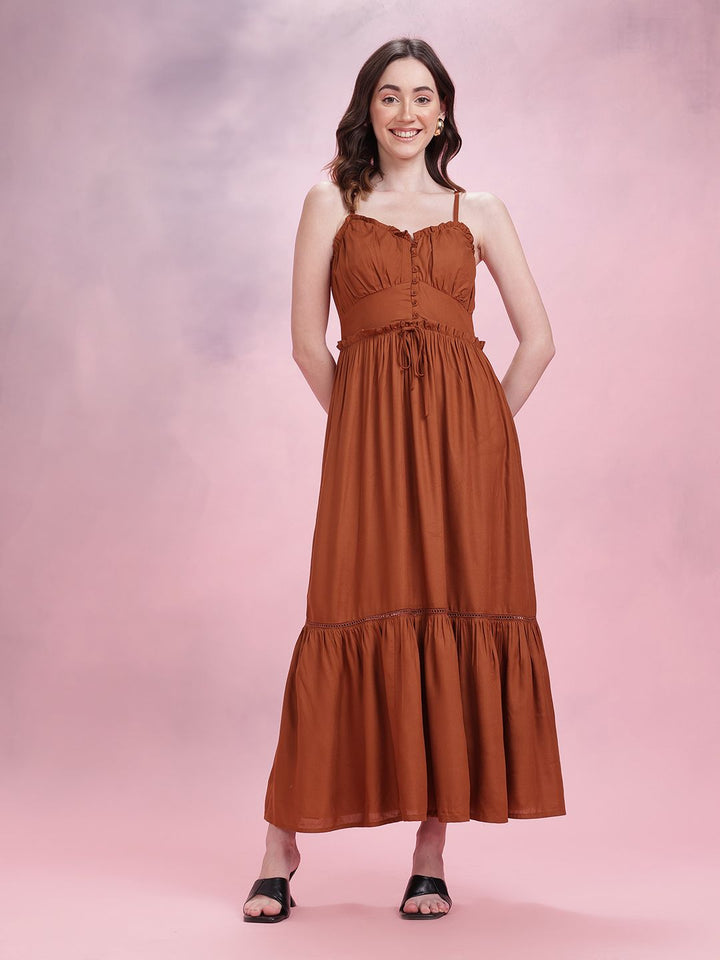 DressBerry Shoulder Straps Ruffle & Tie-Up Detail Midi Empire Dress