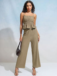 Tokyo Talkies Brown Striped Shoulder Straps Peplum Top With Trousers