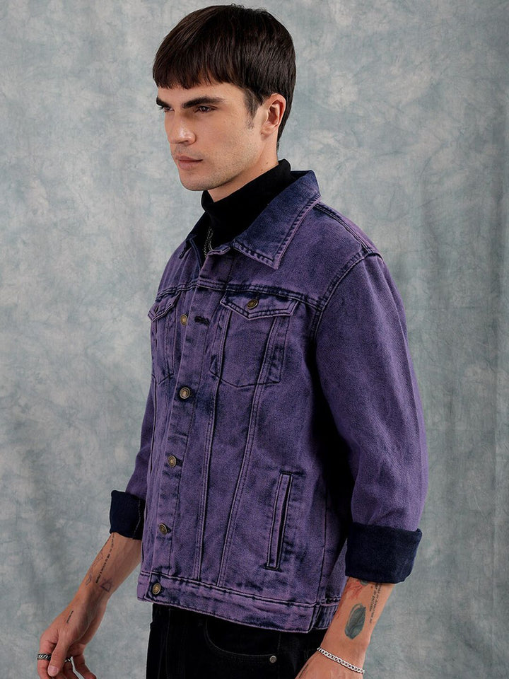 The Indian Garage Co Men Slim Fit Washed Denim Jacket with Flap Pockets