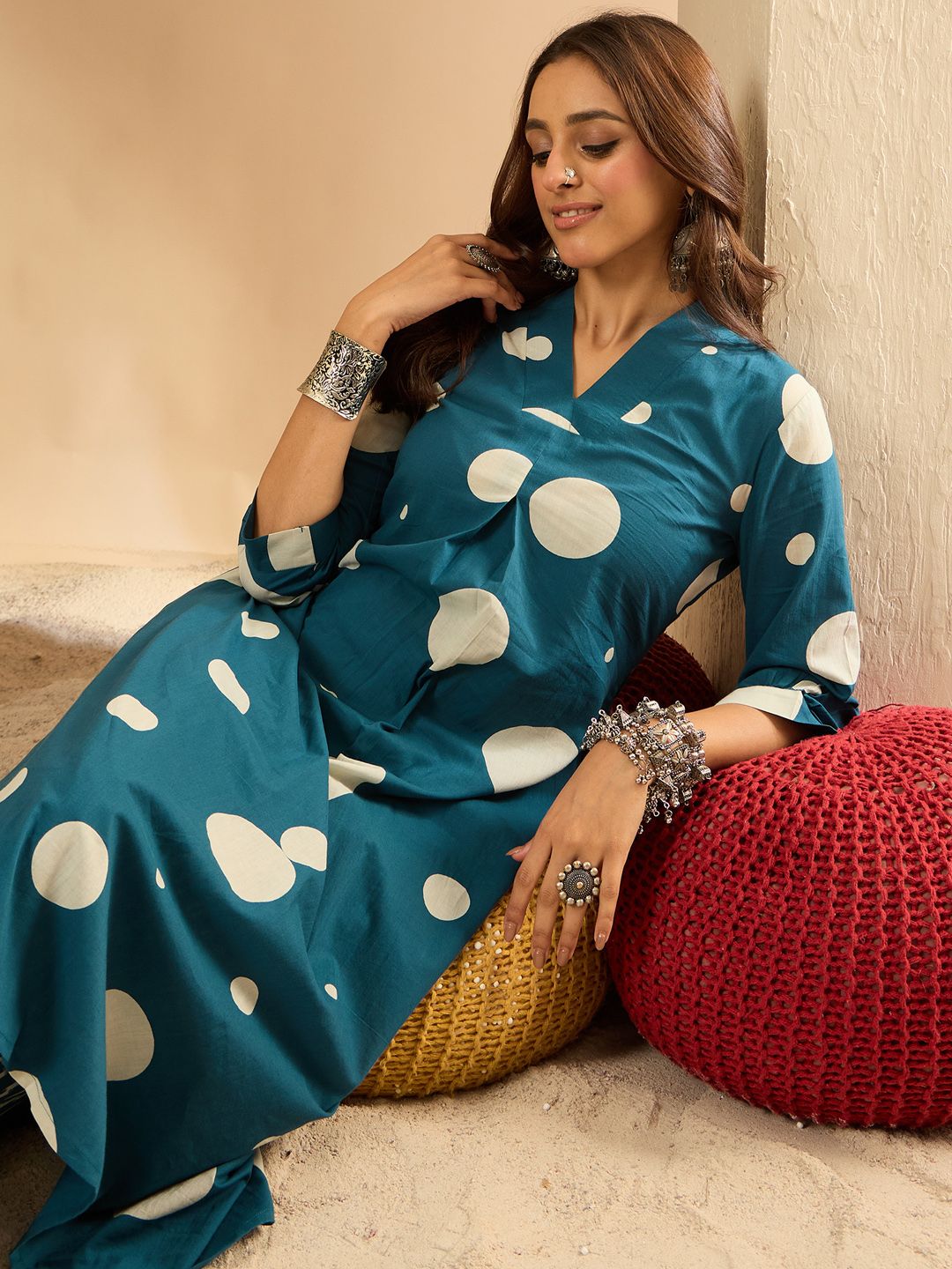 Indo Era Women Printed Pleated Pure Cotton Kurta with Trousers