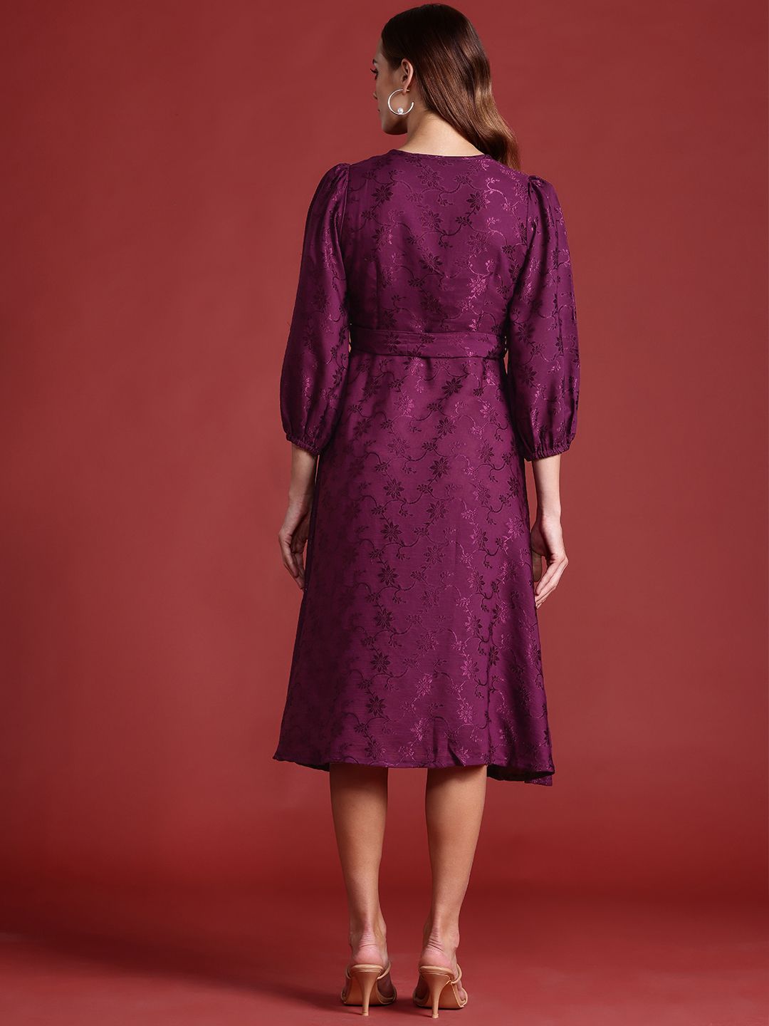 all about you Floral Print Embroidered Puff Sleeves A-Line Dress With Tie-Up Waist