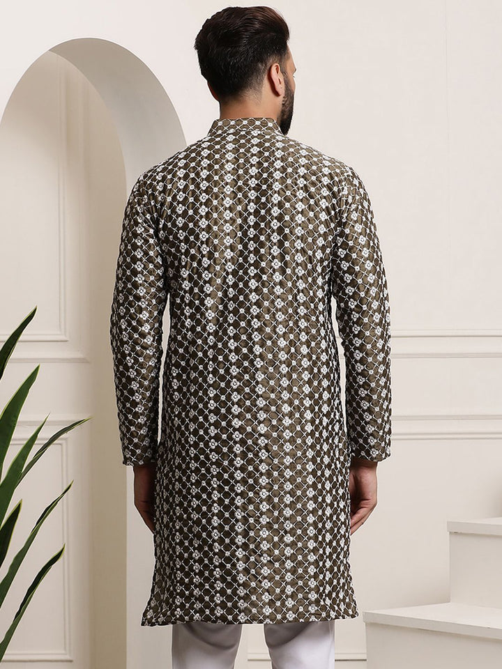 SOJANYA Lelaki Motif Etnik Hijau Zaitun & Putih Sulam Kurta Lurus