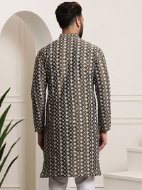 SOJANYA Lelaki Motif Etnik Hijau Zaitun & Putih Sulam Kurta Lurus