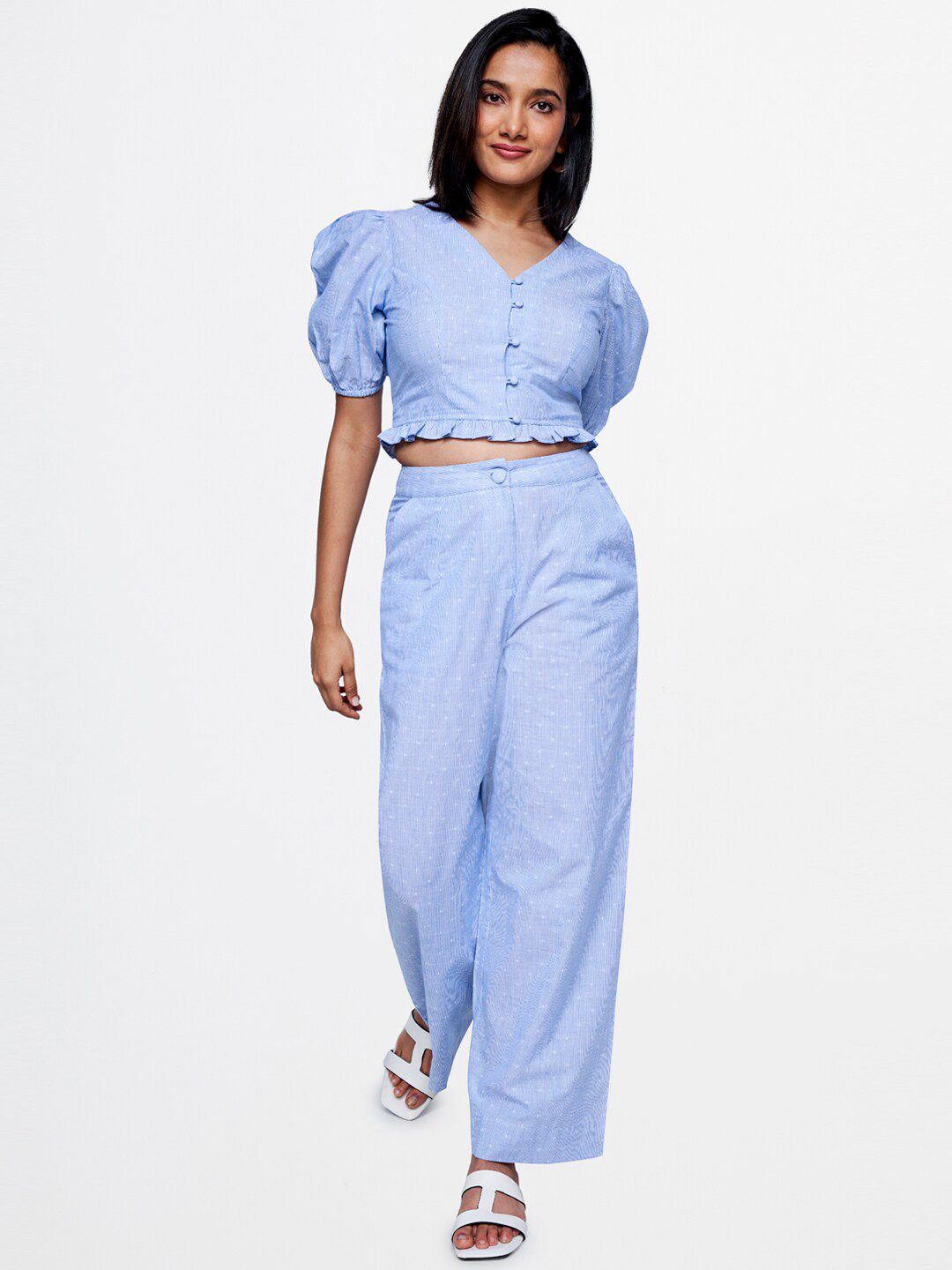 AND Printed V-Neck Puff Sleeves Top with Trousers