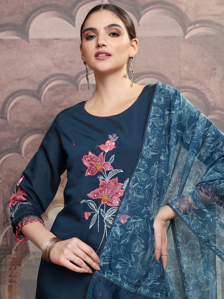 Vishudh Navy Blue Floral Embroidered Thread Work Straight Kurta With Trousers & Dupatta