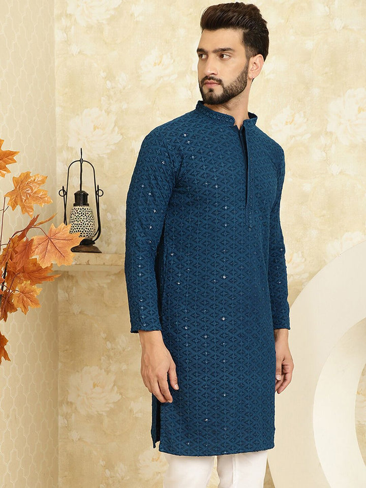 SOJANYA Embroidered Sequinned Mandarin Collar Pure Cotton Kurta