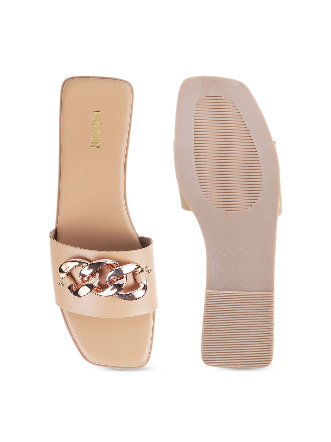 Mochi Women Beige Embellished Open Toe Flats
