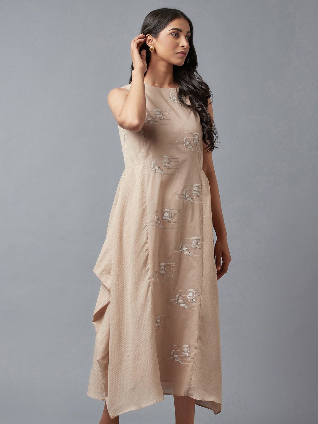 W Beige Ethnic Motifs A-Line Midi Dress