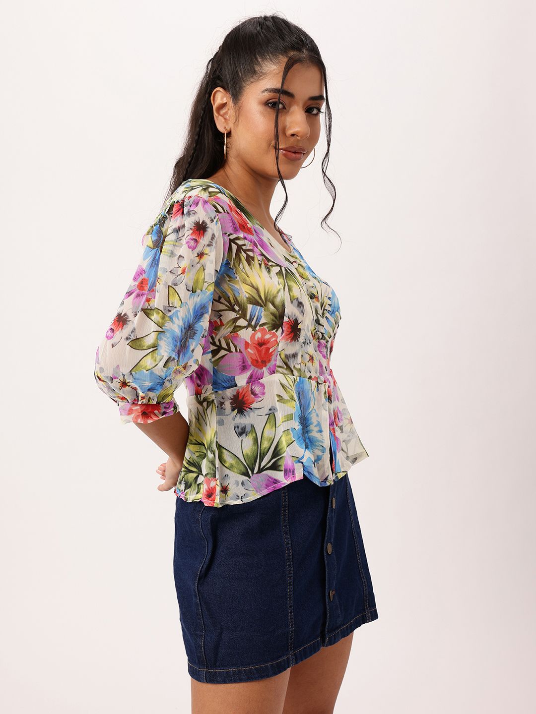 DressBerry Floral Fetish, Holiday Mood Printed Semi Sheer A-Line Top