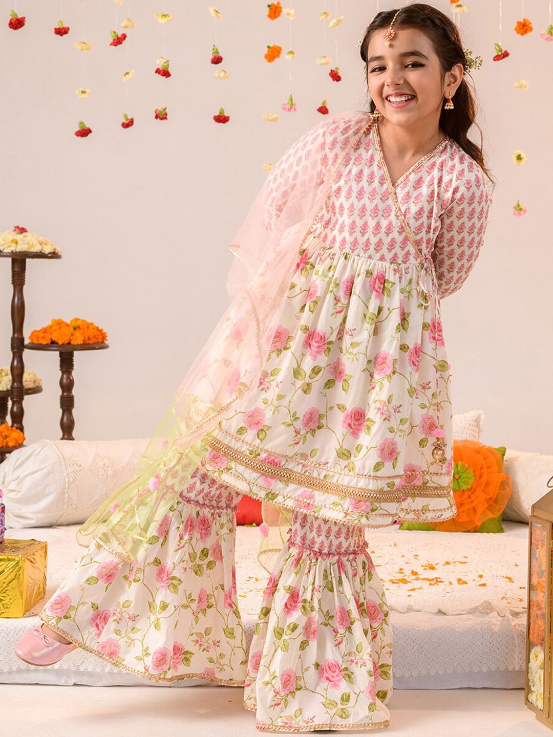 pspeaches Girls Floral Printed Angrakha Gotta Patti Cotton Kurti With Sharara & Dupatta
