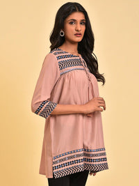 W Pink Geometric Embroidered Tie-Up Neck Tunic