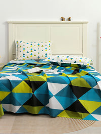 Story@home Ventura Teal Black Geometric 144 TC Cotton Queen Bedsheet 2 Pillow Covers