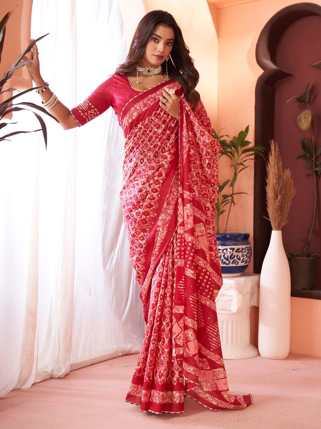 Saree mall Mirror Work Poly Cotton Designer Block Print Sarees