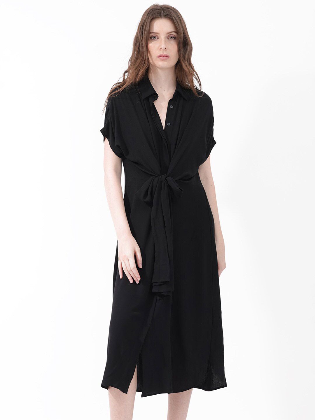 RAREISM Extended Sleeves Tie-Ups Detail Shirt Midi Dress
