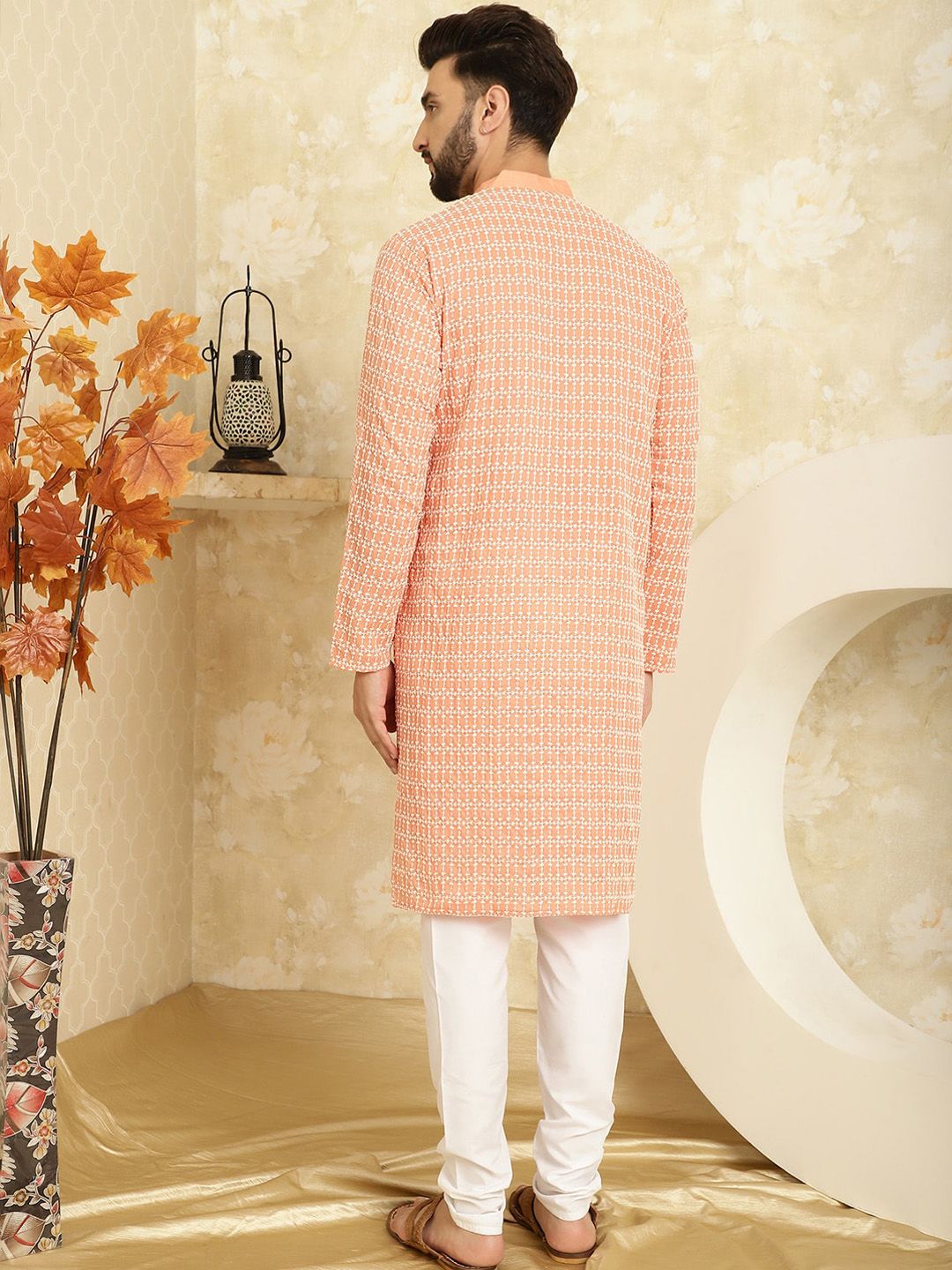SOJANYA Ethnic Motifs Embroidered Mandarin Collar Pure Cotton Kurta with Churidar
