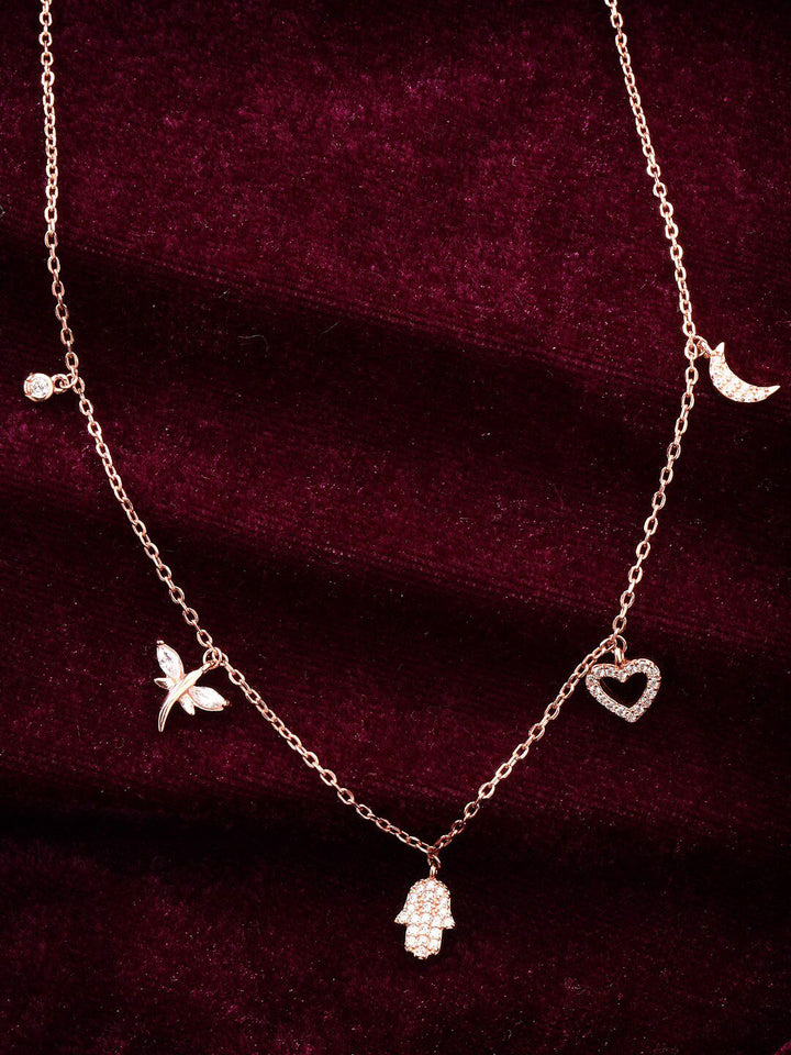 PRIONI 925 Sterling Silver Rose Gold-Plated CZ-Studded 5 Charms Necklace