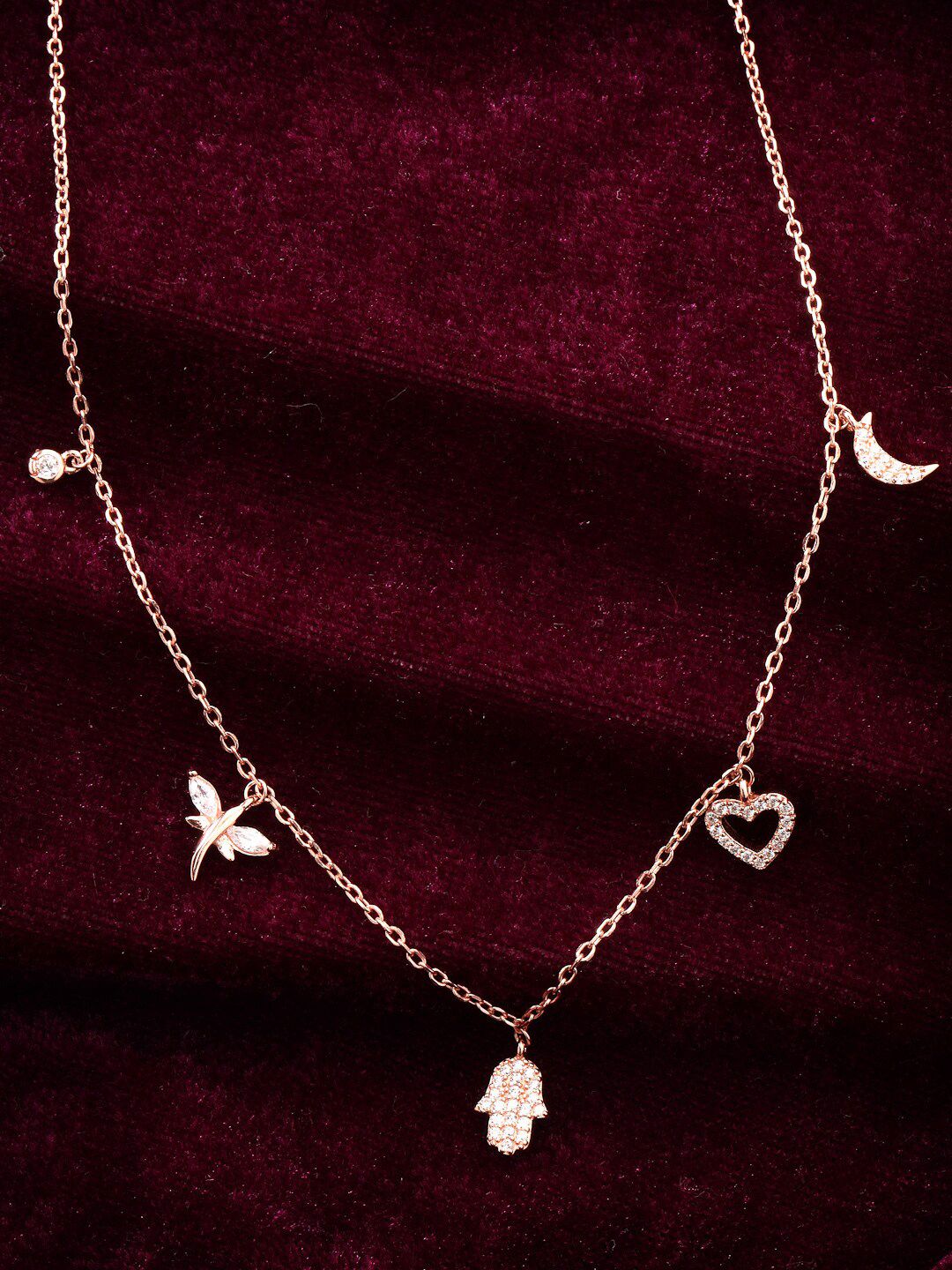 PRIONI 925 Sterling Silver Rose Gold-Plated CZ-Studded 5 Charms Necklace
