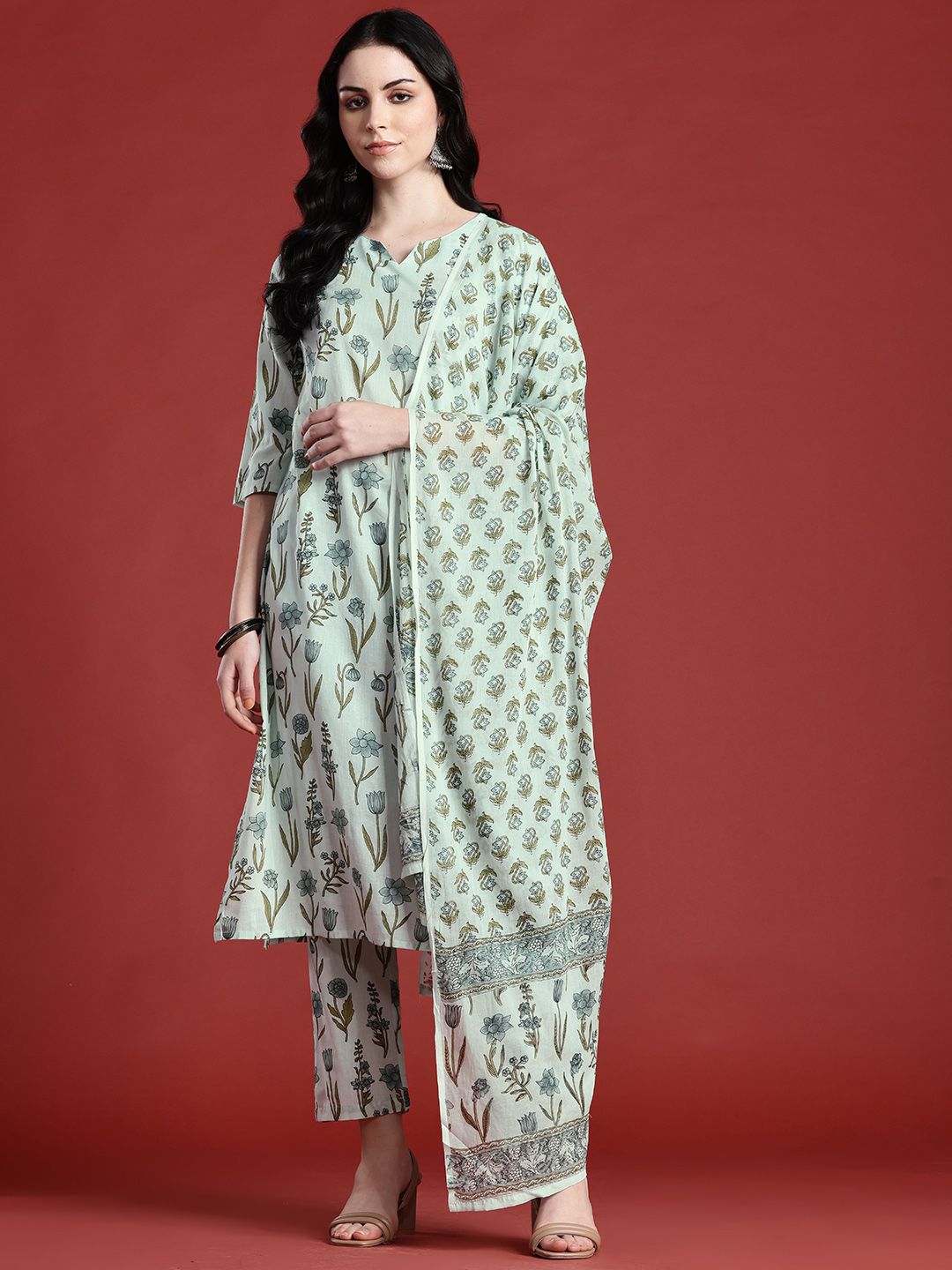 Anouk Floral Printed Pure Cotton Kurta with Trousers & With Dupatta
