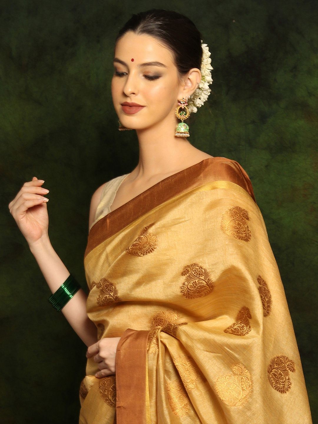Exotic India Golden Art Silk Saree with Golden Stripes and Traditional Paisley Motifs