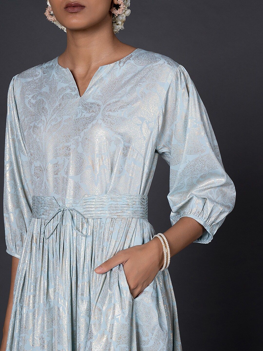 W Blue Striped Ethnic A-Line Maxi Dress