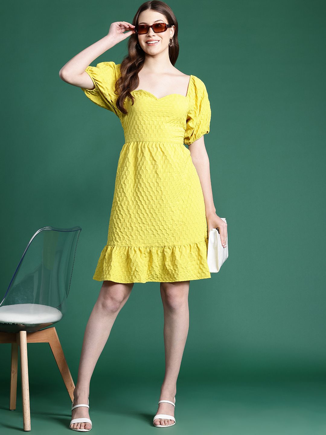 DressBerry Puff Sleeves Fit & Flare Textured Dress
