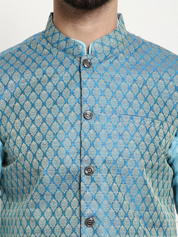 SOJANYA Men Blue Chikankari Pure Cotton Kurta with Churidar & Nehru Jacket