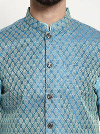 SOJANYA Men Blue Chikankari Pure Cotton Kurta with Churidar & Nehru Jacket