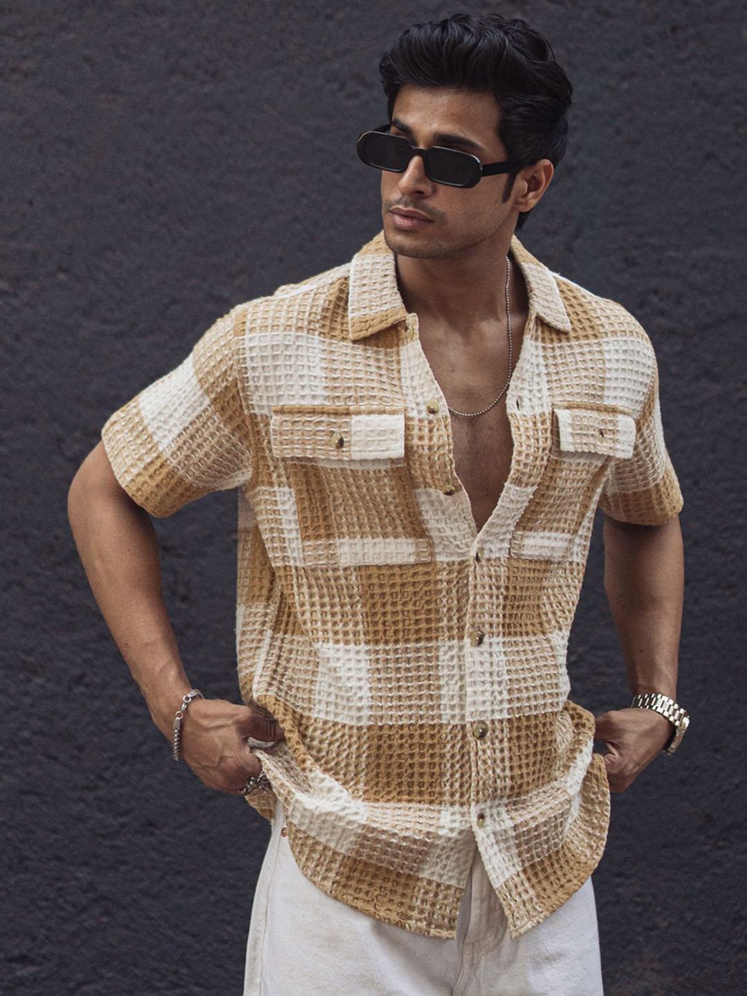 Powerlook Men Tartan Checks Opaque Checked Casual Shirt 02-1051520-S-Beige and Off White