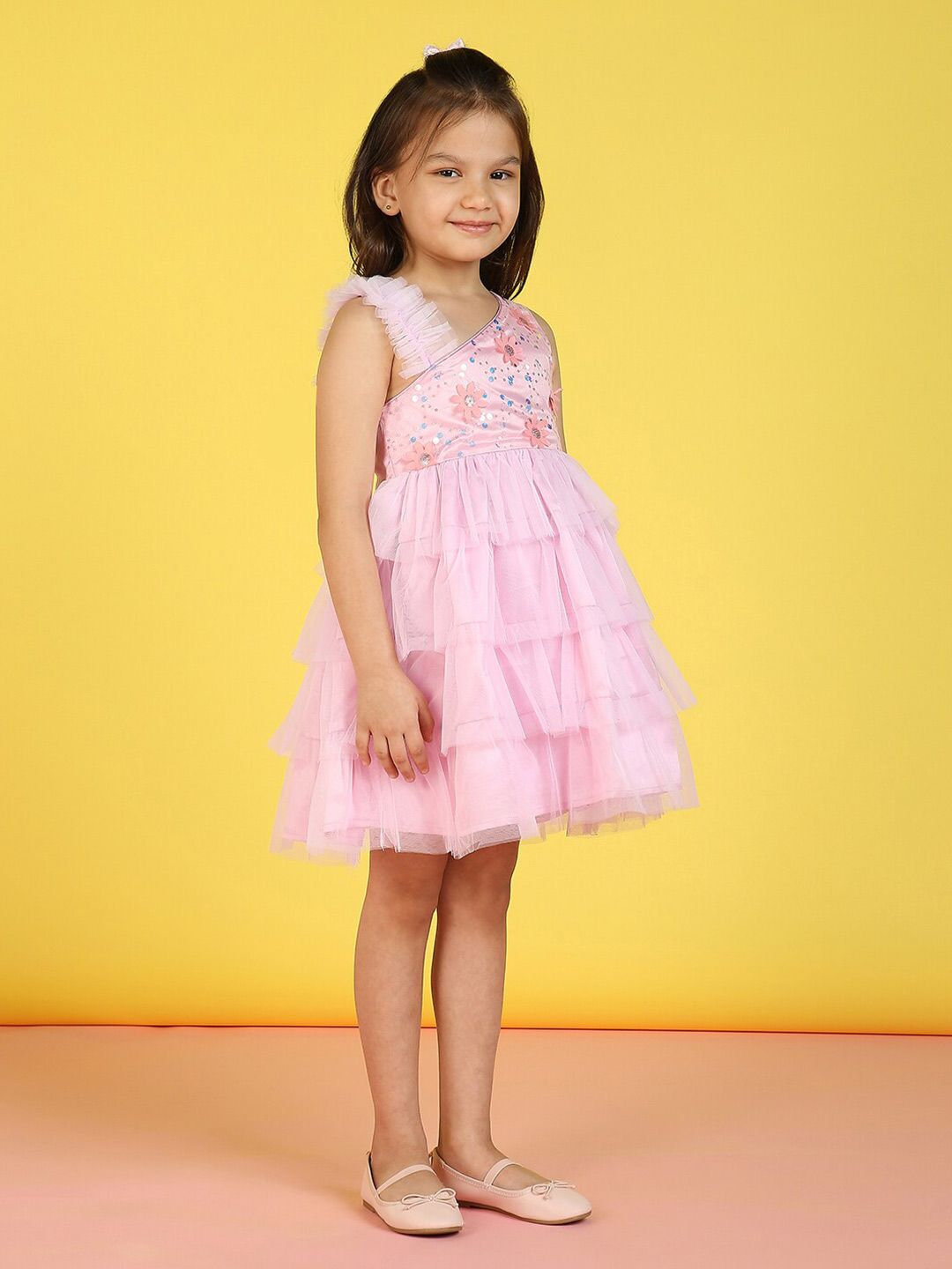 Nauti Nati Girls Embellished One Shoulder Sequined Net Fit & Flare Dress