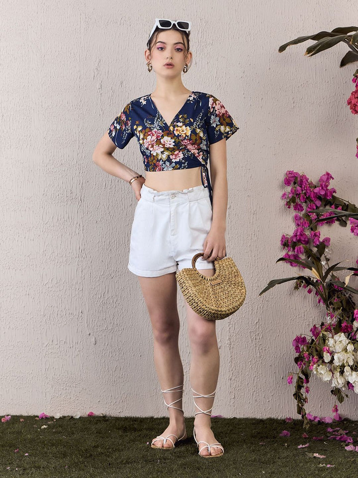 Berrylush Floral Printed Wrap Crop Top