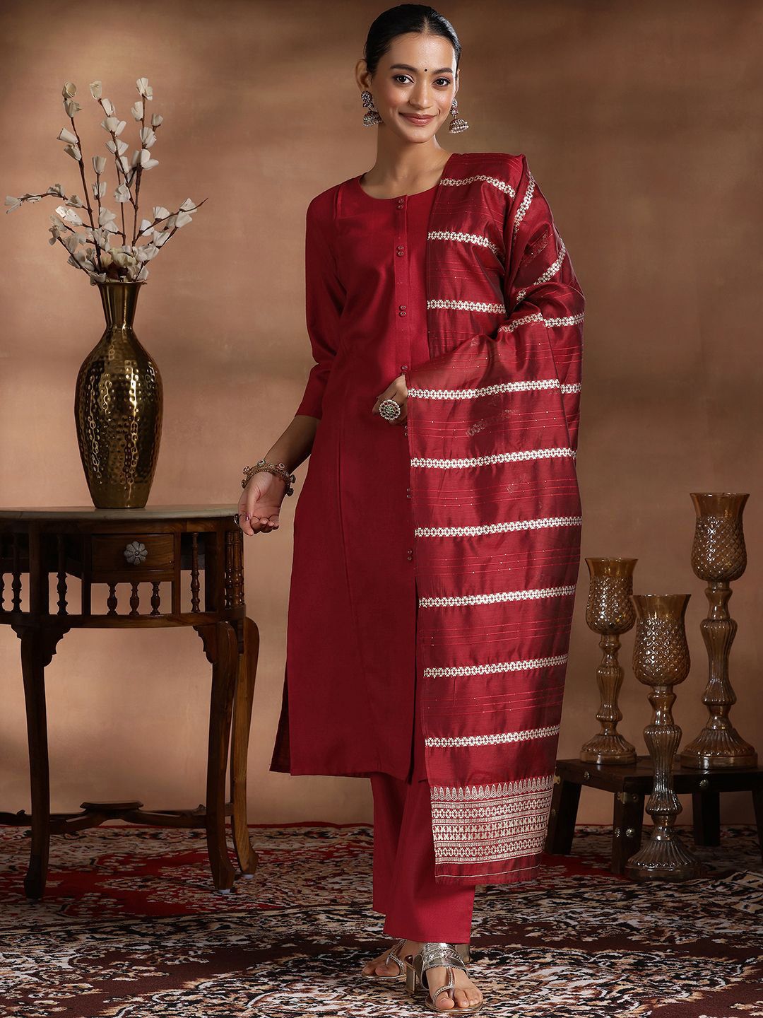 Libas Round Neck Pleated Straight Kurta with Trousers & Dupatta