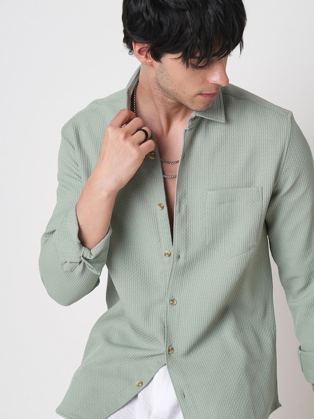 VASTRADO Men Classic Spread Collar Textured Solid Slim Fit Casual Shirt