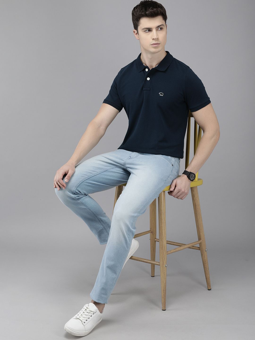 THE BEAR HOUSE Men Navy Blue Polo Collar Slim Fit T-shirt