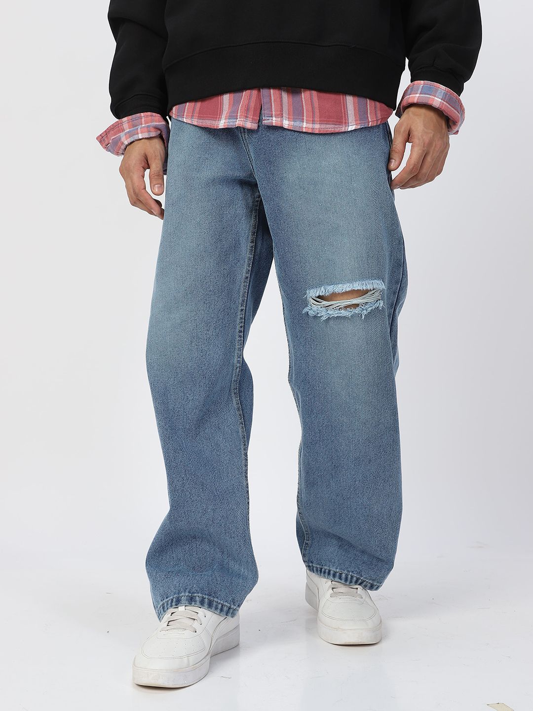 Urbano Fashion Men Pure Cotton Loose Relaxed Fit Slash Knee Heavy Fade Jeans