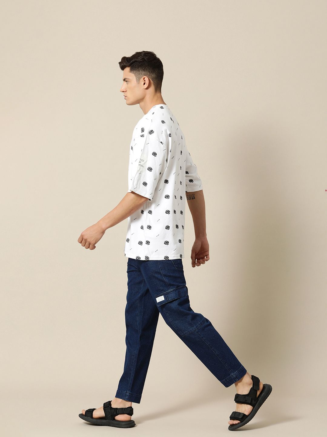 Mr Bowerbird Men Cropped Tapered Fit Cargo Style Stretchable Jeans With A Small Notebook