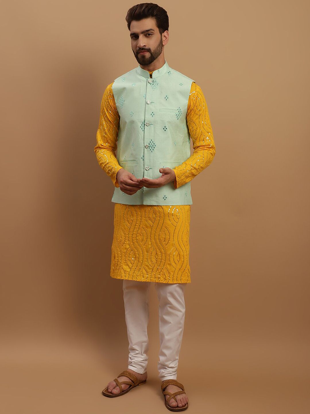 SOJANYA Embroidered Sequinned Pure Cotton Kurta with Churidar & Embroidered Nehru Jacket
