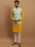SOJANYA Embroidered Sequinned Pure Cotton Kurta with Churidar & Embroidered Nehru Jacket