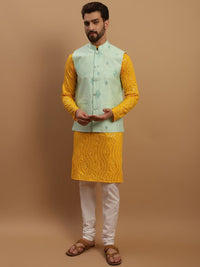 SOJANYA Embroidered Sequinned Pure Cotton Kurta with Churidar & Embroidered Nehru Jacket