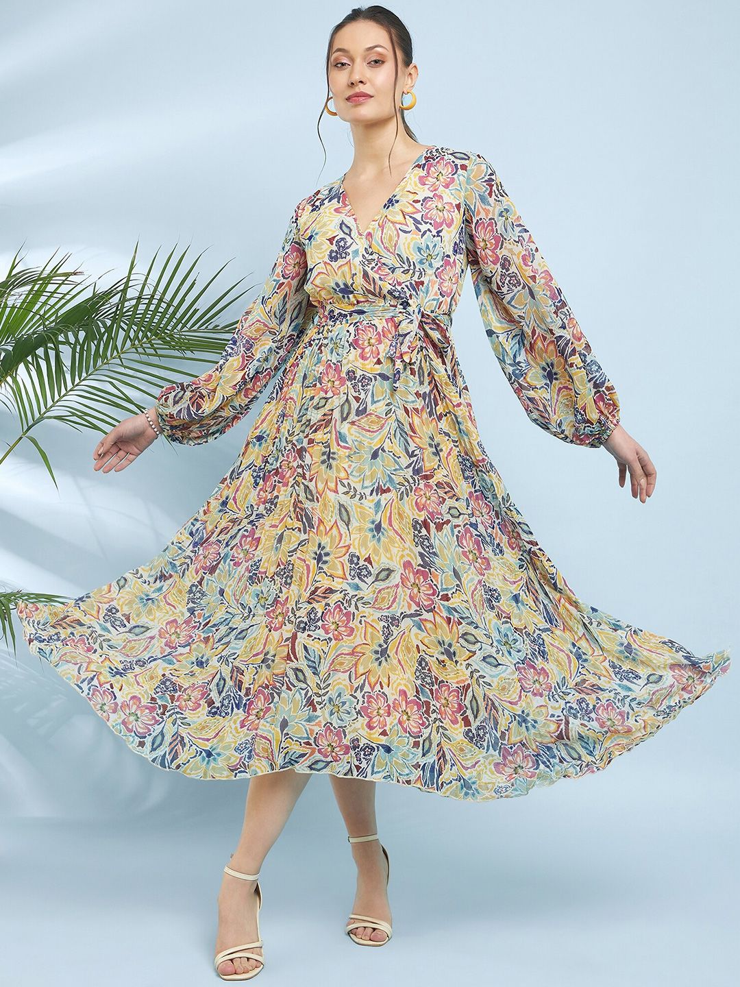 Antheaa Off White Floral Printed V-Neck Puff Sleeves Fit & Flare Midi Dress With Belt