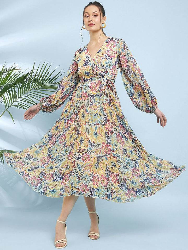 Antheaa Off White Floral Printed V-Neck Puff Sleeves Fit & Flare Midi Dress With Belt